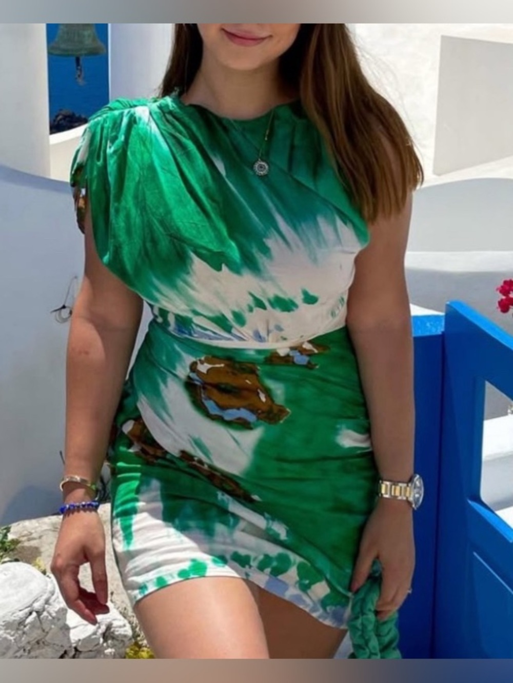 Zara Watercolor Printed Short Asymmetric Dress